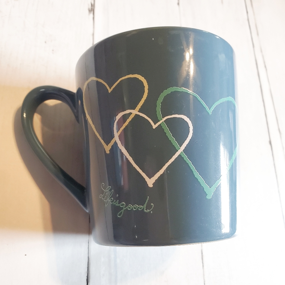 3/$15 Life Is Good Ceramic Mug Blue With Hearts